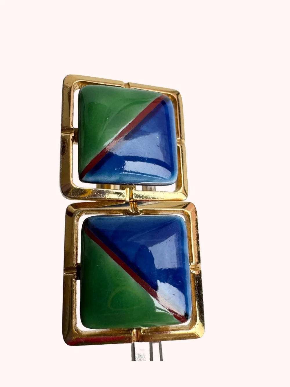 Vintage Gen Marked Cufflinks Tie Tack Blue Green Porcelain Gold Tone Square Gift